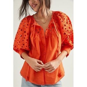 ANTHROPOLOGIE orange eyelet lace Chantal puff sleeve top XS